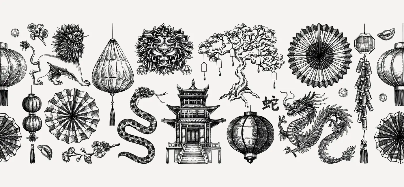 Chinese New Year decoration in sketch style. China seamless border on chalkboard. NOT AT generated Illustration